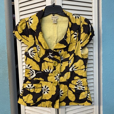 Anthropologie Elevenses Floral Yellow Brown Short Sleeve Shirt Jacket  Womens