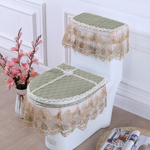 3Pcs European Toilet Seat Cover Water Tank cover Zipper Lace Lid Pad Bathroom - Picture 4 of 21