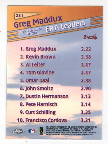 GREG MADDUX 1999 Topps CHROME #231 ERA League Leader - Picture 2 of 2