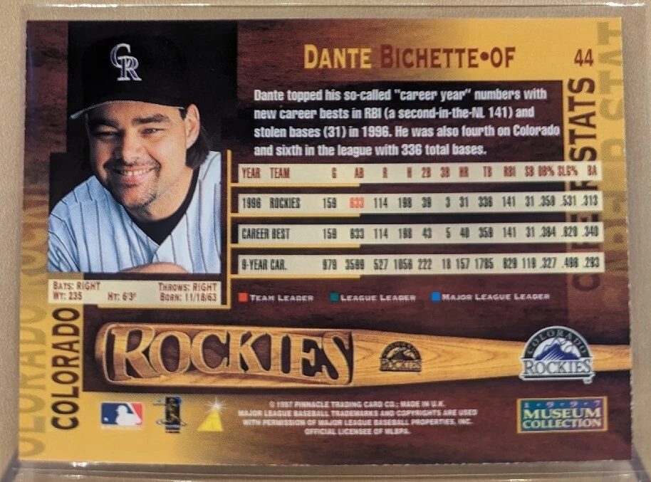 1997 Pinnacle Museum Collection BRONZE ARTIST PROOF #44 Dante Bichette DUFEX - Image 2 of 2