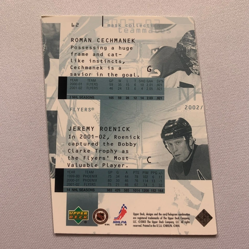 Jeremy Roenick Roman Cechmanek 2002-03 Upper Deck Mask Collection Promo MISCUT - Image 2 of 2