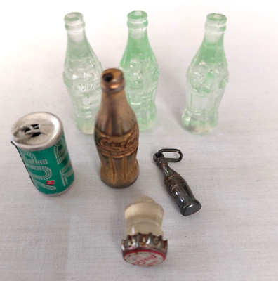 LOT of 6 Vintage Mini Coke COCA-COLA Bottles 1.5'', 7up Can Charm, Coco-cola Char