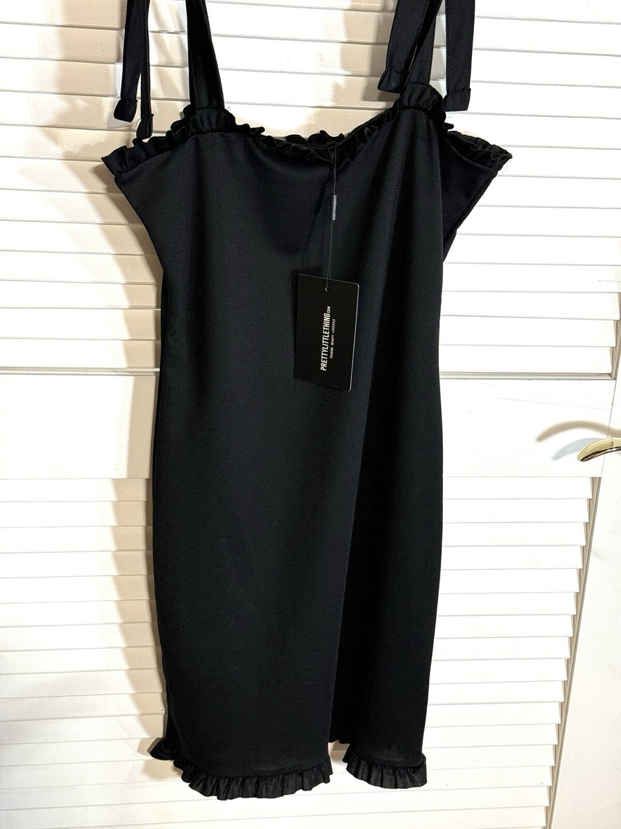 black frill tie shoulder bodycon dress Plunge Halterneck Frill Detail Mini Bodycon Dress In Black Lace | EGO US
