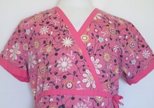 Nurse Scrub Denice Size Large Pink Flowers V-Neck Tie Medical Uniform Clinic