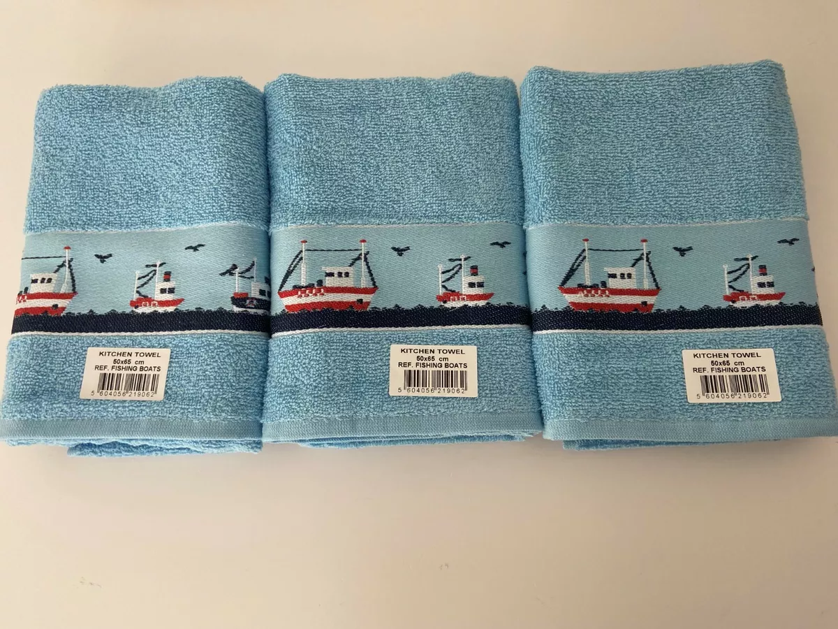 3 Pack Sail Boat Design Kitchen Hand Tea Towel in Blue 100% Cotton 50cm x  65cm