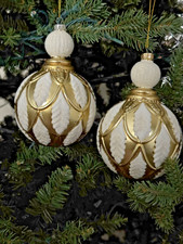 Set of 2 Gold White 4" Glass Christmas Ornaments   Luxury Holiday Decor