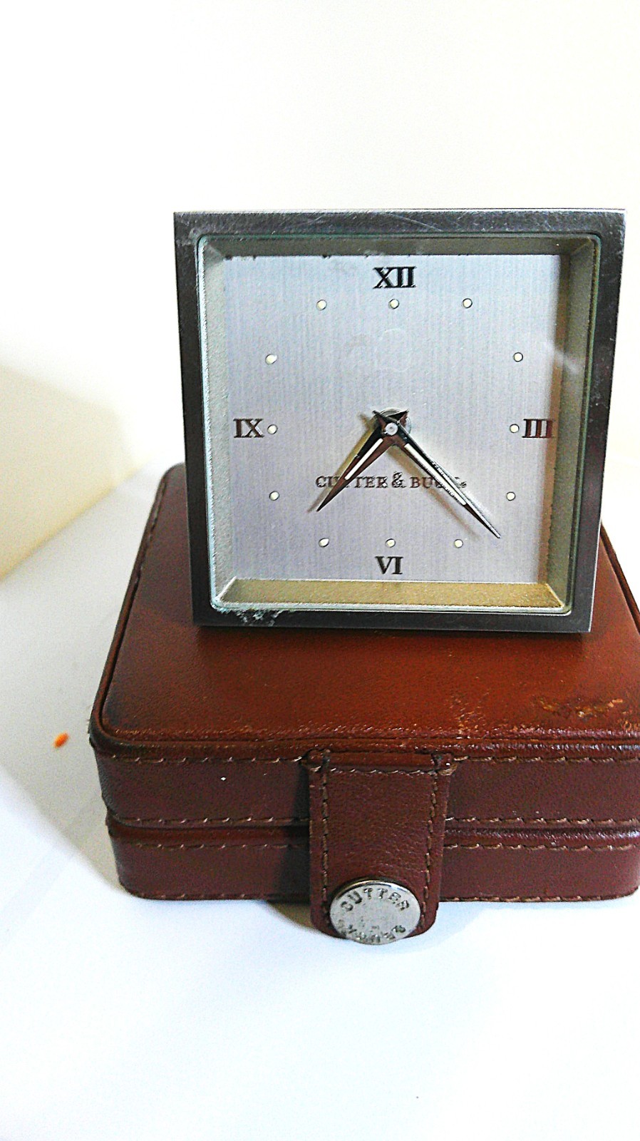 Cutter & Buck Travel Alarm Clock Brown Leather Houndstooth Case Portable Working
