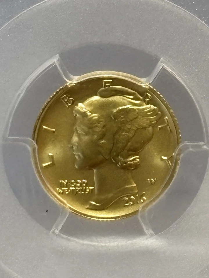 Moneda de diez centavos Mercury de oro 2016-W 10C calificada por PCGS como SP70 First Strike 100 aniversario Foto 2 de 4