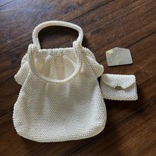 Vintage Corde Beaded Handbag Ivory Lumured Purse 50s 60s Bridal Evening Bag