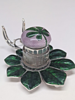 HM1898 ANTIQUE GUILLOCHE GREEN ENAMEL SILVER INK WELL STAND HM HL BIRMINGHAM