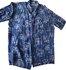 ALAN STUART Geometric Blue Abstract Rayon button Hawaiian Shirt Mens XL 23 x 32"