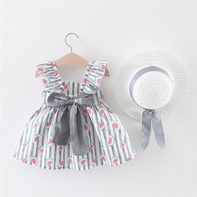 Kleinkind Baby Kinder Mädchen Blumen geraffte Schleife Wassermelone Prinzessin Kleid Kleidung Mütze