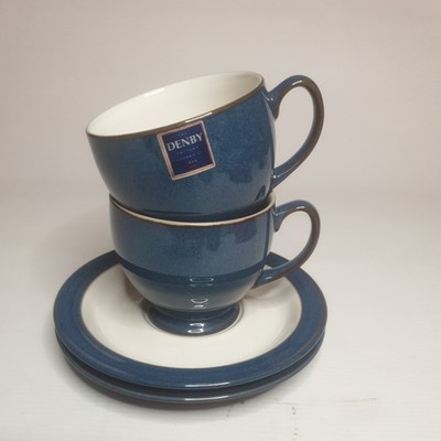 Denby Boston blau Steinzeug Tasse und Untertasse x2 BRANDNEU MIT AUFKLEBERN 