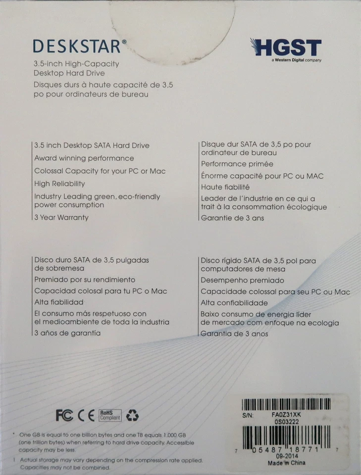 Hitachi HGST Deskstar 3.5" 32MB 6Gbs 5400rpm SataIII 2TB hard drive "New Sealed" - Image 2 of 4