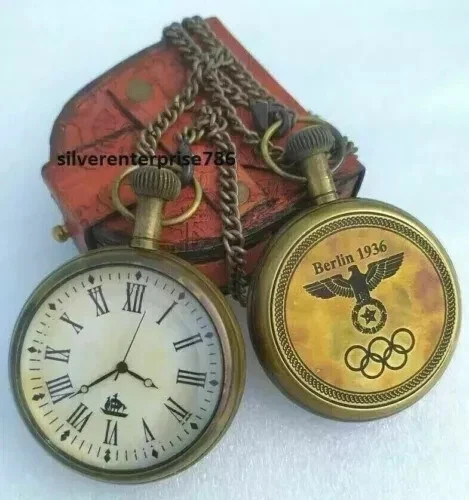 Vintage Brass Pocket Watch Berlin 1936 with Leather Box Gift Marine Gift