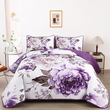 Purple Floral Quilt Set King,3 Pieces Reversible Lightweight Printed Bedspread C