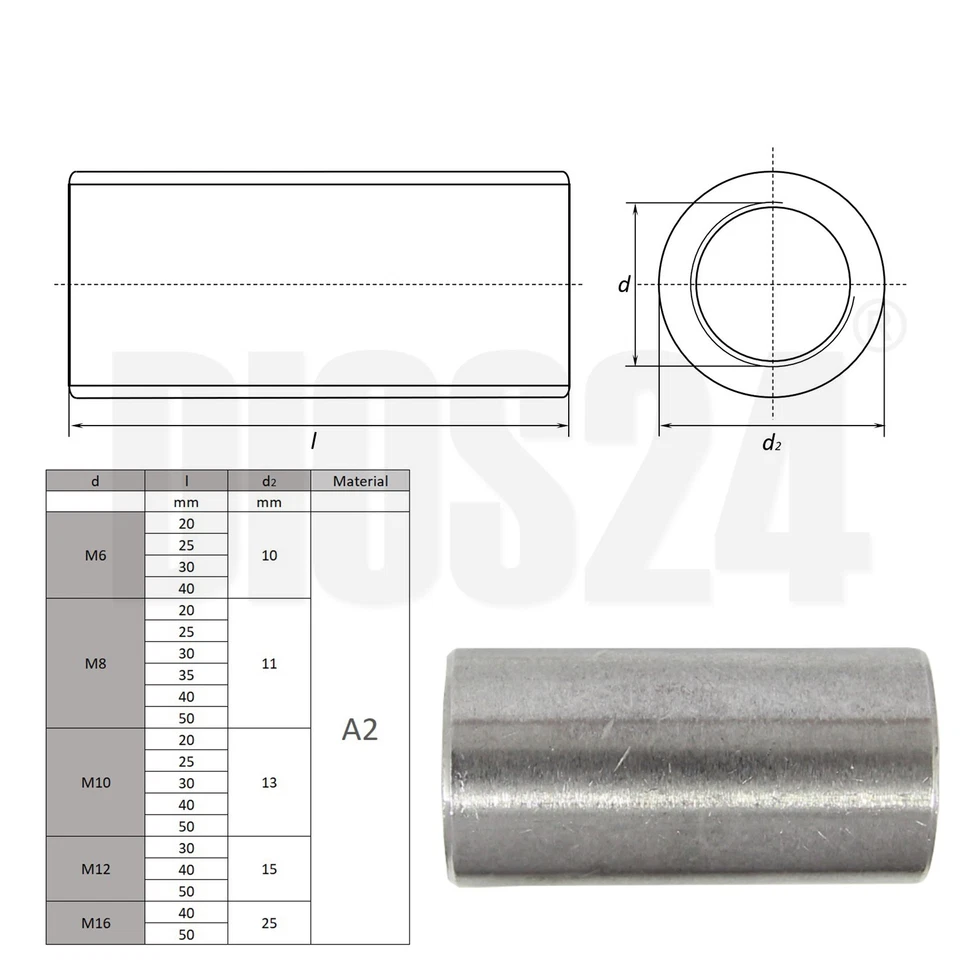 Distanzmuffen V2A rund sechskant M6-M12 Langmutter Gewindehülsen Rundmuttern - Bild 2 von 3