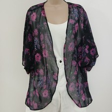 Kimono Open Cardigan Jacket Sheer Black Floral Feminine Women's Xl