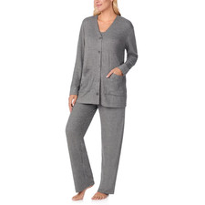 Cuddl Duds 3-PIECE LOUNGE SET Soft Rib Knit Cardigan Tank Top Pants PJs GREY L