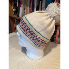 Handmade Wool Knit Beanie Hat Pom Pom Fair Isle Pattern Cream Red Blue Yellow