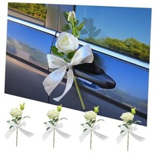 4PCS Car Wedding Decorations Set - Automotive Rose Flower with Satin 1 White