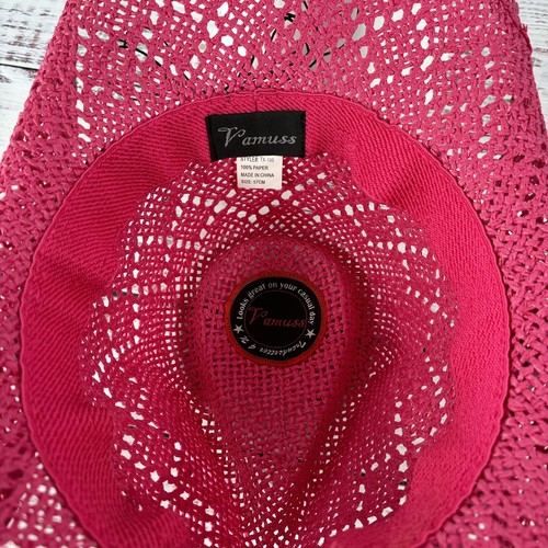 Vamuss Women’s Straw Cowboy Hat W/Vegan Leather Band & Pink Beads Shapeable Brim - Picture 5 of 8