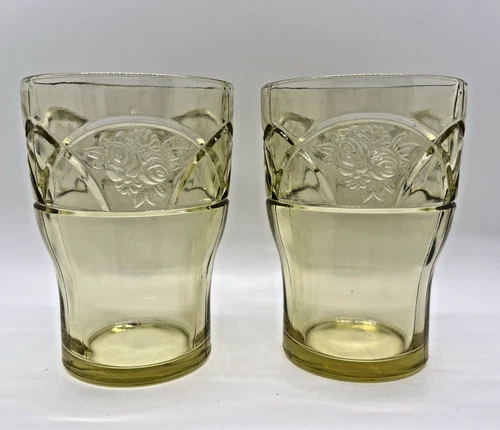 Vintage Federal Glass Rosemary Amber Glasses 9 Ounce Flat Tumblers Pair of 2