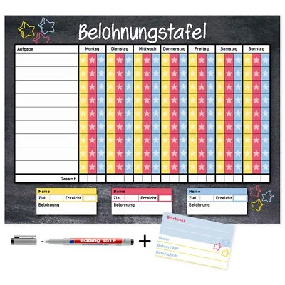 EASYDRUCK24DE Belohnungstafel mit Aufgaben-Liste für 3 Kinder inkl. Belohnungskarten I 40 x 30