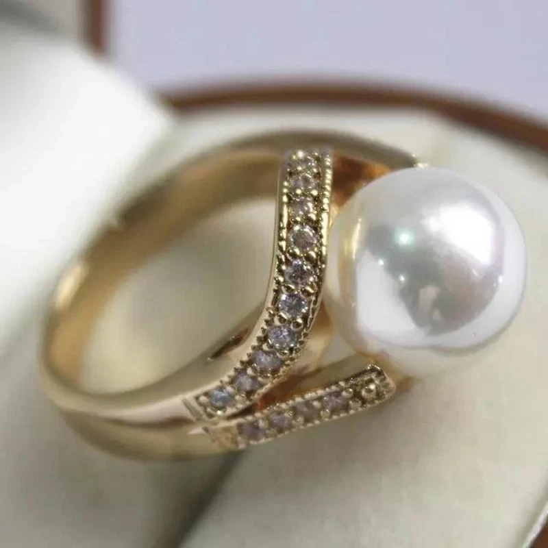 Anillo de joyería de piedras preciosas con cuentas de perlas concha del Mar del Sur de 12 mm tamaño 6 7 8 9 AAA grado superior Foto 3 de 4