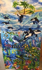 Tropical dolphins, turtles and palm tree ocean fabric panel