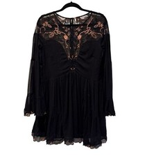 Free People Floral Embellished Metallic Shimmer Lace Dress Black Size Small