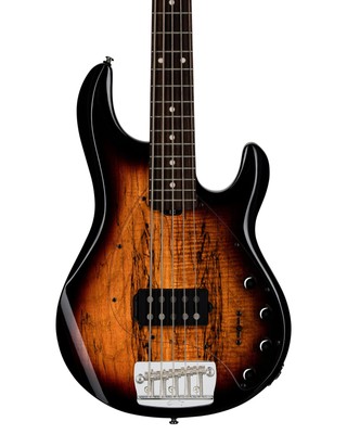 Sterling StingRay 5 RAY35 5-String Spalted Maple Bass Guitar, 3-Tone Sunburst