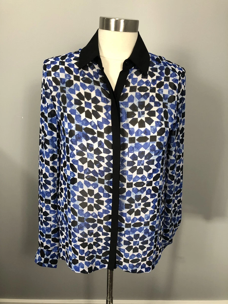 Michael Michael Kors Blue Geometric Print Blouse Black Trim Semi Sheer SZ S