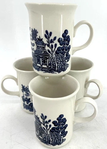 Set 4 Churchill Blue Willow- 4 1/8" Tall Mug Coffee Tea Cups Made in England EUC