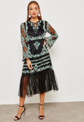 topshop floral embroidered dress TOPSHOP Embroidered Floral Midi Dress Sz 6 Blue Black