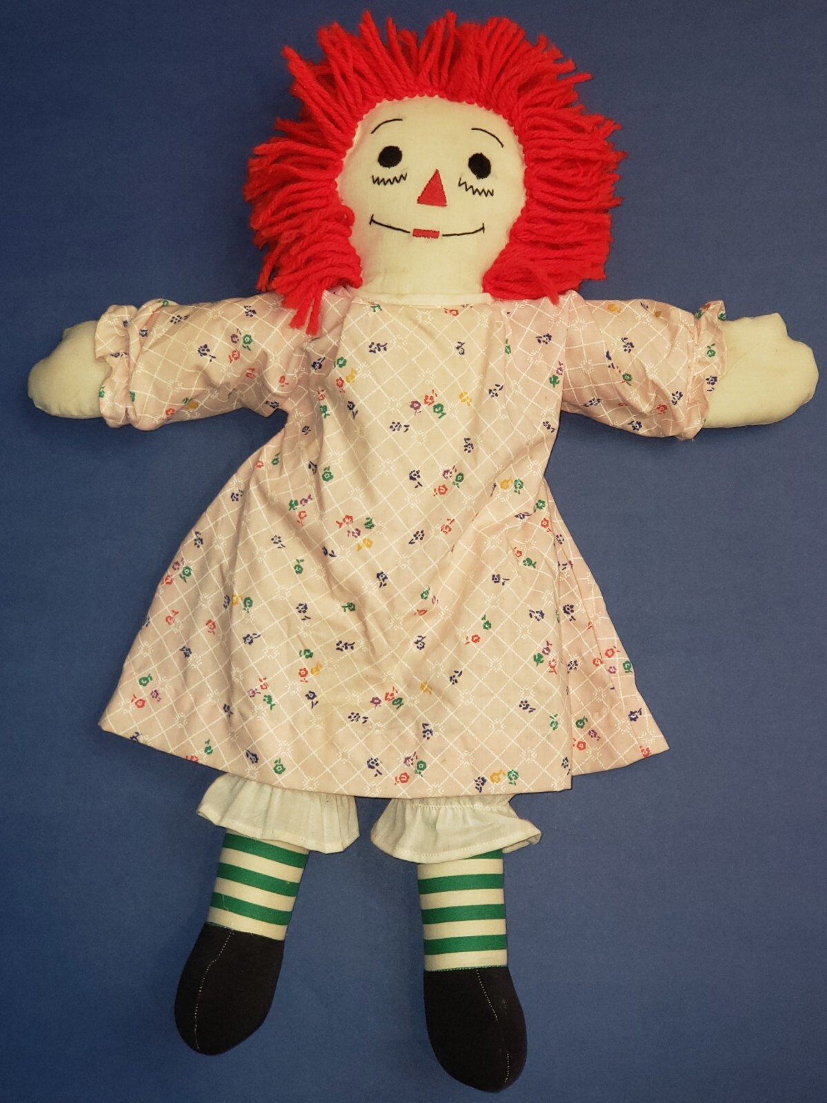 Handmade Raggedy Ann doll Toy 20” Green Stripe Stockings Unique Vintage Homemade