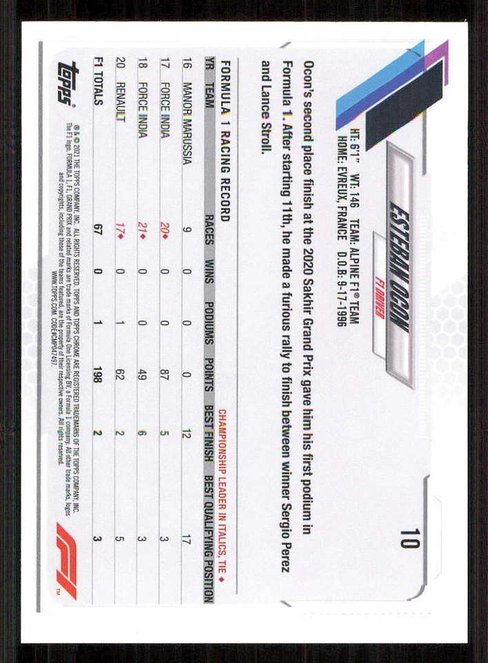 2021 Topps Chrome Formula 1 #10 Esteban Ocon - Image 2 of 2