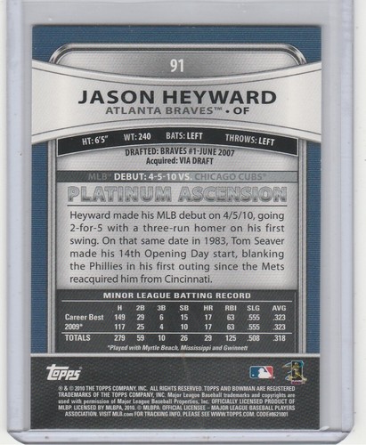 2010 Bowman Platinum #91 Jason Heyward RC Atlanta Braves - Picture 2 of 2
