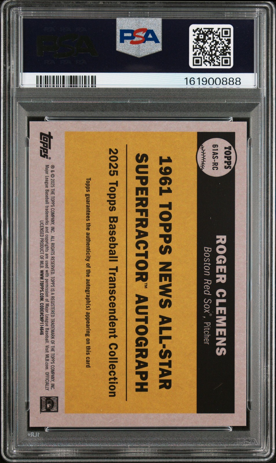 2025 TOPPS TRANSCENDENT COLLECTION SUPERFRACTOR AUTO ROGER CLEMENS 1/1 PSA 10 view 2