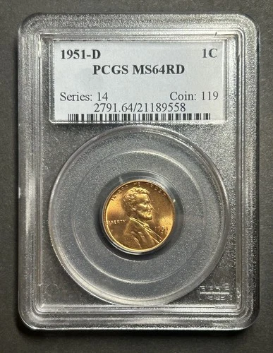 1951 D PCGS MS-64 RD Lincoln Wheat Cent Certified Graded Beautifully Toned Cent