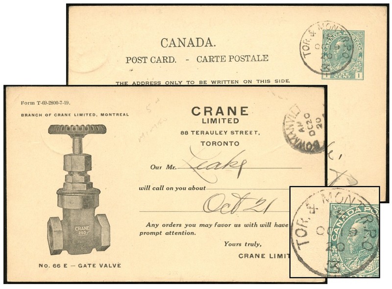 CANADA 1¢ ADMIRAL PSC OCT 1920 CRANE GATE VALVE P40
