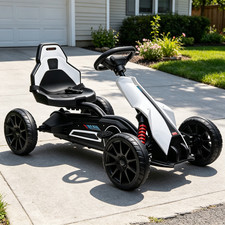 Electric White Kids Pedal Go Kart With Adjustable Seat Ride On Toy Car 12V