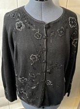 Tiara International Cardigan Sweater Womens Medium Black Floral Embroidered