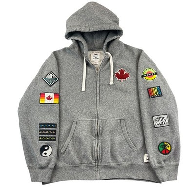 Roots Canada Patch Logo Zip Hoodie Mens XL Gray Full Zip Made in