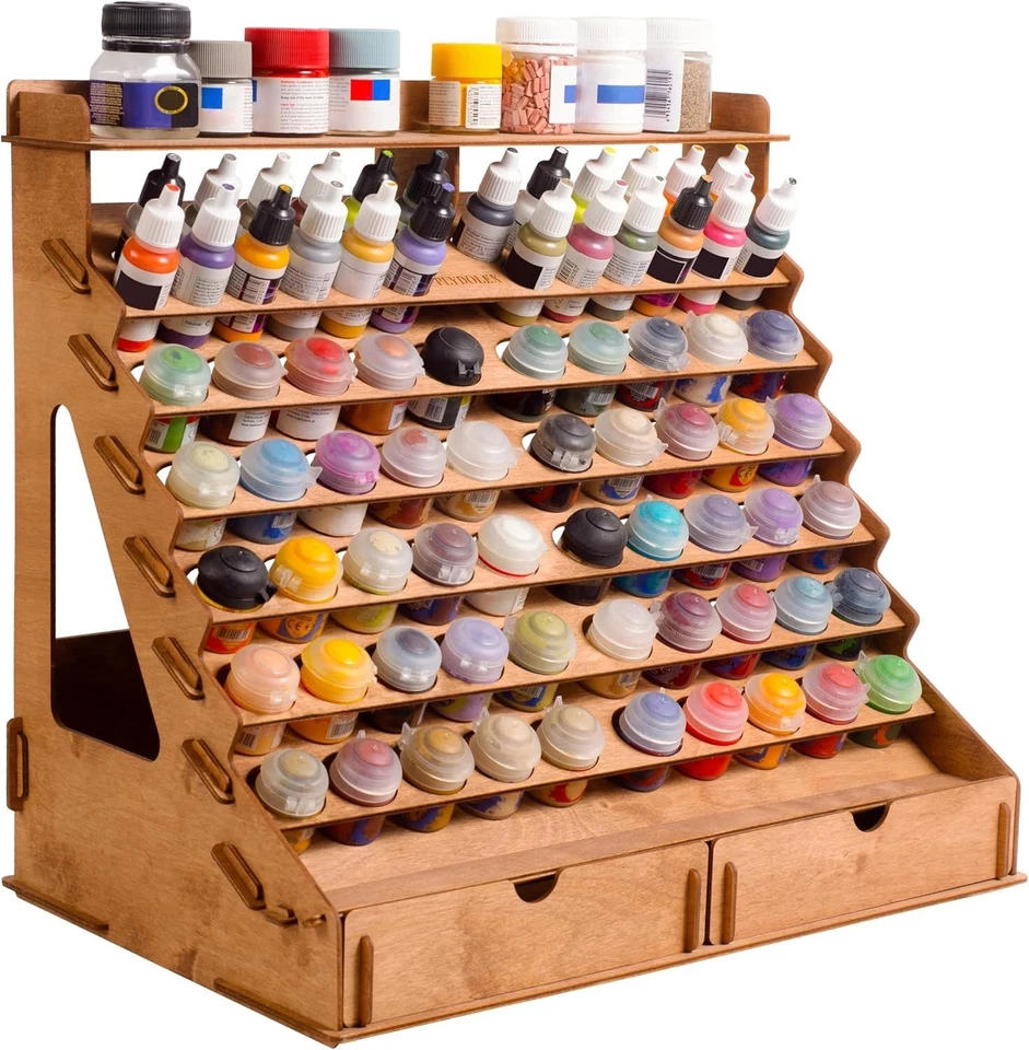 Compact Wood Paint Rack - 74 Holes, 14 Brushes, 2 Drawers - Image 3 of 4