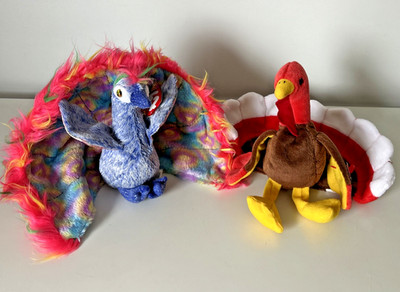 Lot Of 2 Ty Beanie Baby FLASHY Peacock GOBBLES Turkey Plush Stuffed Animal