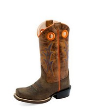 Old West Western Boots Boys Square Leather Cushioned Dark Brown 8204