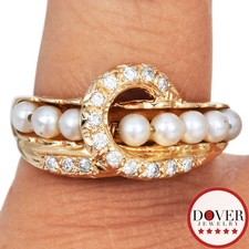 Estate Diamond 3mm Pearl 14K Yellow Gold Swirl Accent Band Ring 6.0 Grams NR