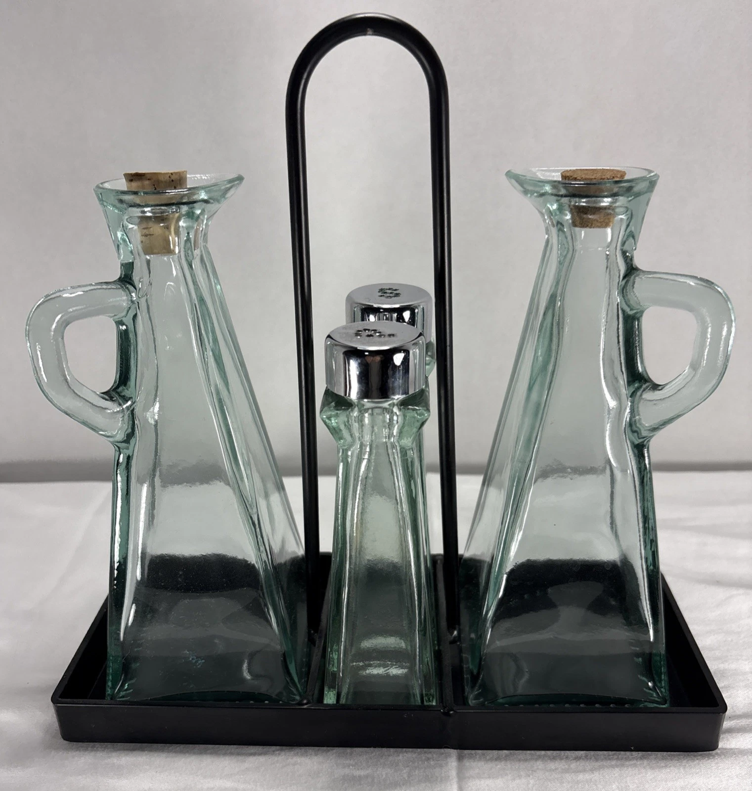 Tablecraft Marbella Oil Vinegar Salt Pepper Set With Black Wire Rack Aqua Green