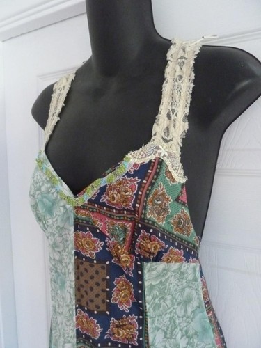 Free People Boho Floral Patchwork & Lace Racerback Beaded Empire Maxi Dress XS S - Picture 4 of 17